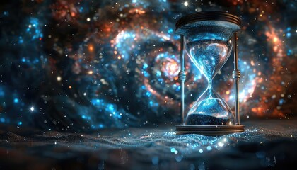 Hourglass with galaxy sand, dark cosmic background, straighton view, surreal illustration
