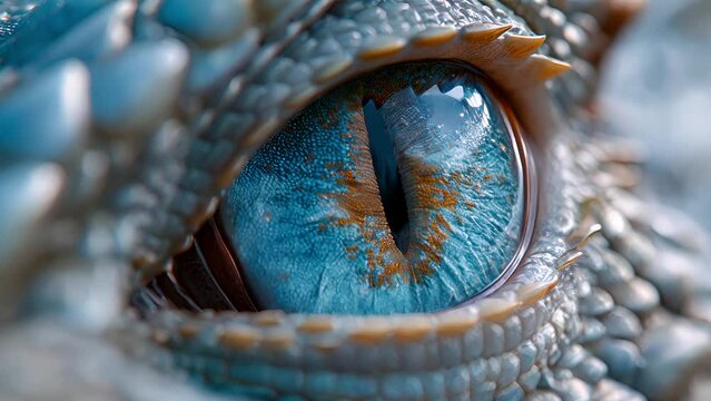 Dragon eye close-up. Fantastic animal with blue scales. Intricate details of reptilian eye