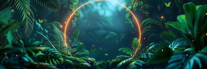 Green Tones Accentuate Tropical Elements in Realistic 3D Environment, Neon Rainforest Oasis