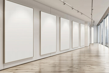 Minimalist design in a gallery with series of vertical blank posters along a lengthy wall.
