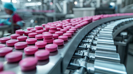 Obraz premium pink tablets manufacturing process. pharmaceutical concept
