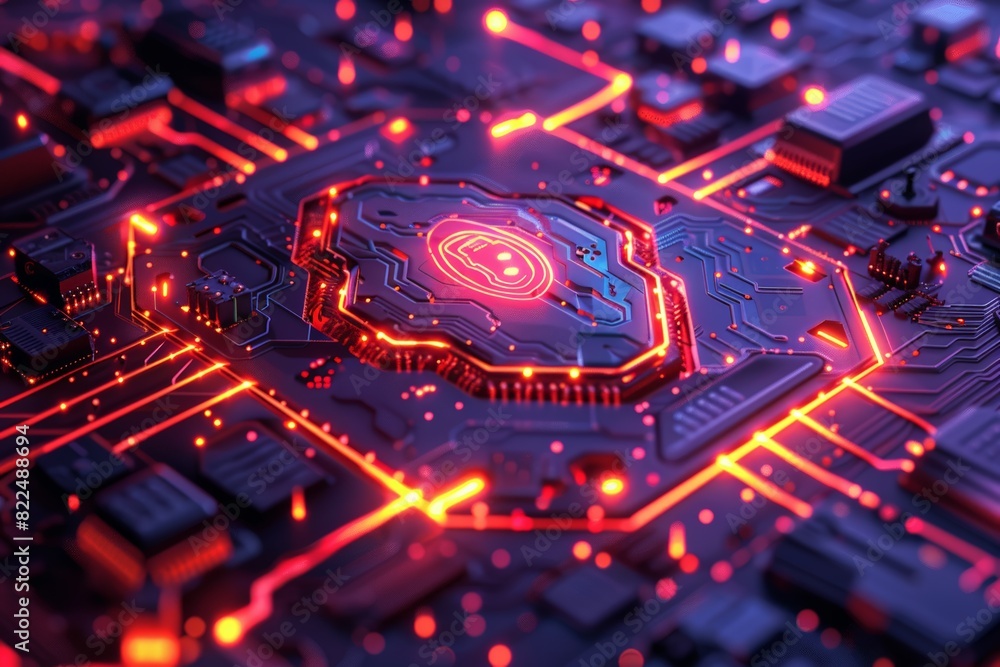 Poster a computer chip with a red glowing border. vibrant illustration of a cybersecurity shield enveloping