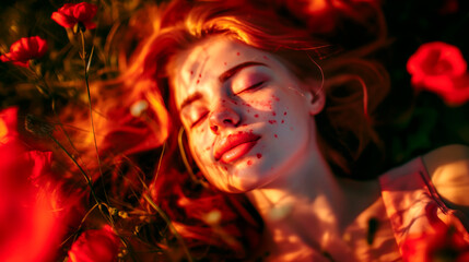 portrait of sensual girl in nature, an ethereal glow of red tones blends with the young woman, warm atmosphere