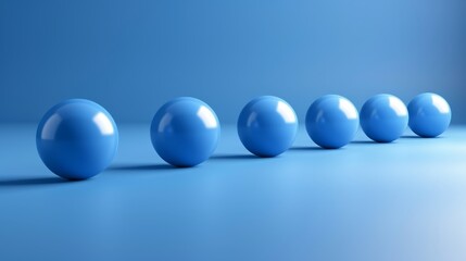  A line of blue balls aligns on a light blue surface, surrounded by a light blue wall in the background