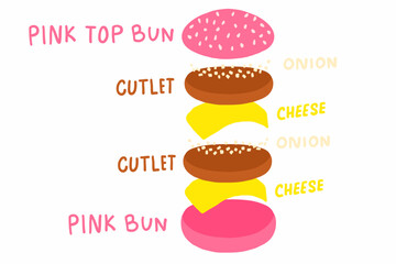 Big burger with cheese bun, triple cutlet and triple cheese slices. Vector illustration isolated on white background. For menu, poster, infographic, restaurant, banner, cafe.