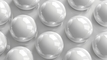  A collection of white balls arranged adjacent to one another on a white background The uppermost ball exhibits a gentle light reflection, while the lower halves reflect mildly