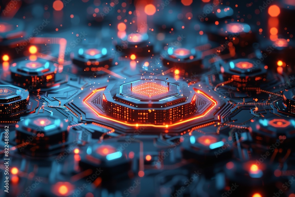 Poster a computer chip with many small squares of orange and blue. the squares are connected to each other 