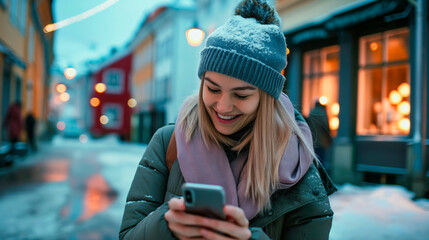 Nordic woman looking at phone, happy, light colors,