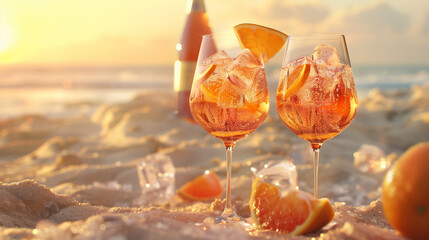Two glasses of a drink with orange slices in them are on a beach