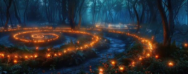 Fototapeta premium Labyrinth of candles in a forest, twilight, wide angle, mysterious pathway illustration