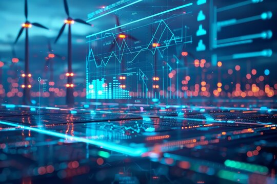 Computer screen shows futuristic cityscape with large number of wind turbines. turbines are lit up in various colors, creating a sense of energy and progress. AI interface with holographic displays - Powered by Adobe