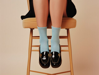 Legs of a woman in a black skirt sitting on a chair with short blue socks wearing luxury shoes