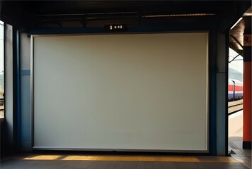 A blank empty canvas poster screen board hanging on a wall at a railway station