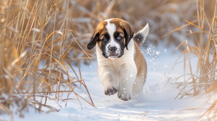 Playful saint bernard puppy frolicking in a snowy meadow with tall grass, winter fun scene, joyful canine pet in nature, seasonal outdoor activity concept