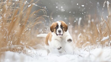 Playful saint bernard puppy frolicking in a snowy meadow with tall grass, winter fun scene, joyful canine pet in nature, seasonal outdoor activity concept