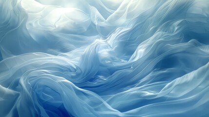 Fototapeta premium Swirling blue-white fabric, sunbeam at center, blue sky mid-image