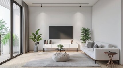TV room and modern living room on white wall background.3d rendering --ar 16:9 Job ID: 7728dd64-2c89-4567-b662-80a8c122aaa0