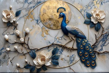 3 panel art, white marble background with round golden thick circle, blue feather and white flower designs and white peacock bird silhouette , with golden round circle