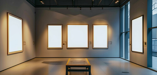 Creative and artistic wide triptych empty picture frames in a modern museum display.