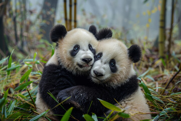 Obraz premium Adorable pandas playing together amidst thick bamboo groves in their natural forest habitat.. AI generated.