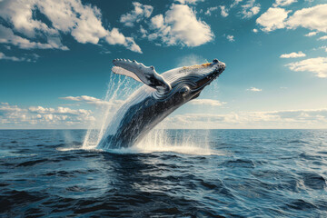 Fototapeta premium A majestic whale breaching the ocean surface with water splashing under the sunny sky.. AI generated.