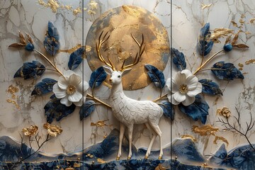 3 panel art, white marble background with round golden thick circle, blue feather and white flower designs and deer silhouette , with golden round circle