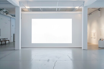 Bright gallery space, extensive white wall, showcasing a wide panoramic blank poster.
