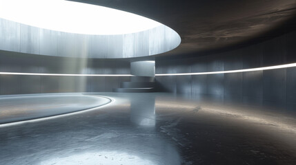 A large, empty room with a circular ceiling and a staircase