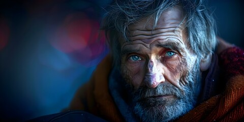 Intimate portrait capturing the emotions of a homeless man with visible wrinkles and sorrowful eyes. Concept Portrait Photography, Emotional Expression, Homelessness Awareness, Wrinkled Texture