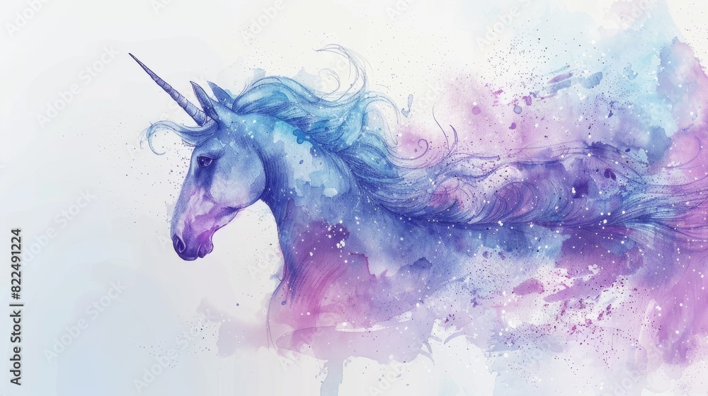 Wall mural whimsical blue and violet rainbow pastel unicorn in girly watercolor style on paper abstract backgro
