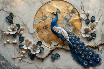 3 panel art, white marble background with round golden thick circle, blue feather and white flower designs and white peacock bird silhouette , with golden round circle