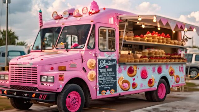 This pink truck decorated with colorful donuts parked on the side of a road.