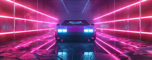 A retro futuristic car drives through a dark tunnel. The car is lit by glowing neon lights.