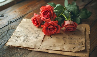 Old letters and a bouquet of roses on a wooden table, soft overhead light, topdown angle, nostalgic illustration