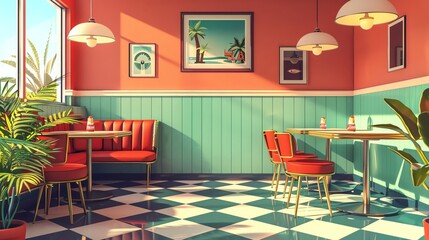 50s diner interior. Retro style. Pink walls, green booths, and checkered floor.