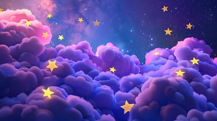 Enchanting cartoon pastel purple clouds and yellow stars illuminating the night sky - whimsical 3d rendering