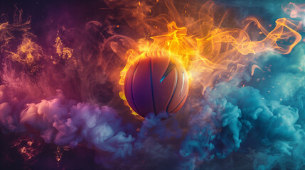 Fototapeta premium Dynamic Abstract Art with Basketball on Fire, Vibrant Smoke Clouds, and Colorful Car