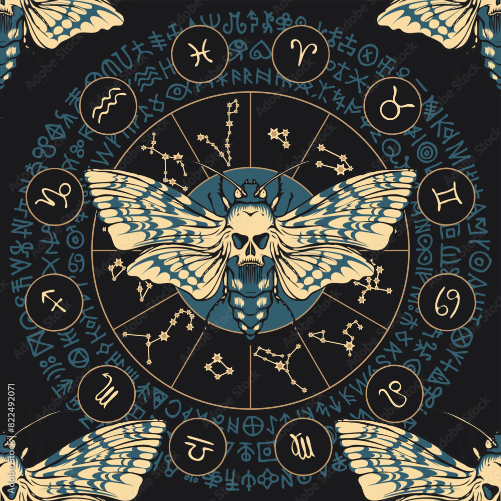 Poster vector seamless pattern with a death's head butterfly on the background of the zodiac circle with co