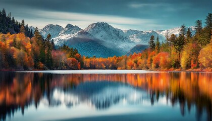A tranquil lake reflecting the vibrant colors of an autumn forest, with snow-capped peaks in the distance.