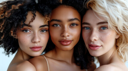 Obraz premium Girls of different race and skin color standing on white background. Concept of multi-ethnic beauty, natural, spa, cosmetology, advertisement
