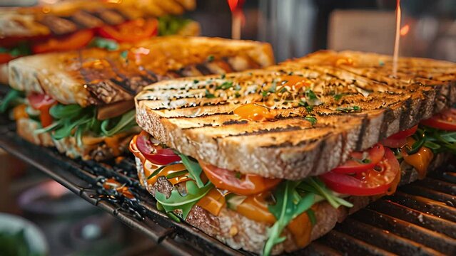 This Grilled sandwiches topped with tomatoes, lettuce, and other ingredients.
