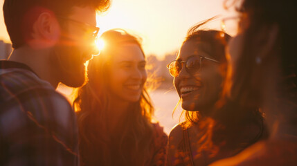 A group of people are smiling and laughing together in the sun