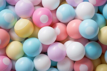 Top view of multicolored plastic balls in soft pastel shades, ideal for backgrounds or patterns