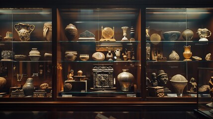 A collection of historical artifacts displayed in a glass case in a well-lit museum setting. 8k, realistic, full ultra HD, high resolution and cinematic photography