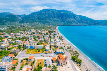 Kalamata Marina port. Aerial photo of Kalamata city, blue long beach in Messenia, Peloponnese,...