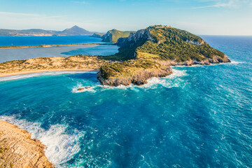 Aerial view of voidokilia beach, lagoon with beaches in mediterranean, Ionian Sea, Pylos town ,...