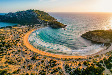 Aerial view of voidokilia beach, lagoon with beaches in mediterranean, Ionian Sea, Pylos town ,...