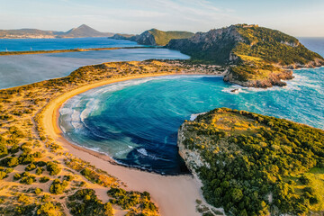 Aerial view of voidokilia beach, lagoon with beaches in mediterranean, Ionian Sea, Pylos town ,...