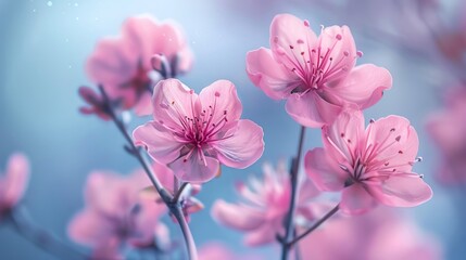 Obraz premium A beautiful image of delicate pink cherry blossoms against a soft blue sky. The perfect symbol of spring and new beginnings.