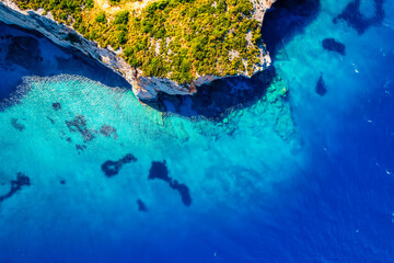 Blue caves on Zakynthos island or Zante Island, Greece. Beautiful views of azure sea water and...